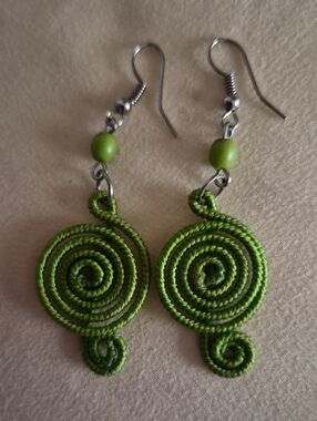 Handcrafted Boho Chic Green Spiral Dangle Earrings